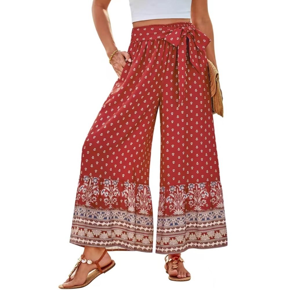 Grace Karin Red Boho Wide Leg Pants with Floral Border